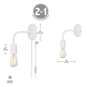 Globe Electric 51489 1-Light Plug-in or Hardwire Wall Sconce, Matte White, 6ft Clear Cord, Inline On/Off Rocker Switch, Wall Lights for Bedroom Plug in, Kitchen Sconces, Wall Lights for Living Room