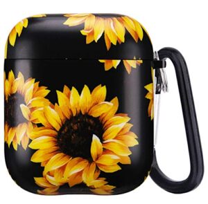 qokey compatible with airpods case,flower floral pattern cute case for women girls soft silicone wireless charging case chrome keychain portable & shockproof accessories kit for airpods 1/2 sunflowers