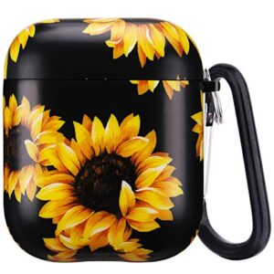 Qokey Compatible with Airpods Case,Flower Floral Pattern Cute Case for Women Girls Soft Silicone Wireless Charging Case Chrome Keychain Portable & Shockproof Accessories Kit for AirPods 1/2 Sunflowers