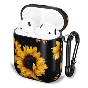 Qokey Compatible with Airpods Case,Flower Floral Pattern Cute Case for Women Girls Soft Silicone Wireless Charging Case Chrome Keychain Portable & Shockproof Accessories Kit for AirPods 1/2 Sunflowers