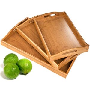 3 pack serving tray,large bamboo serving tray with handles wood serving tray set for coffee,food,breakfast,dinner