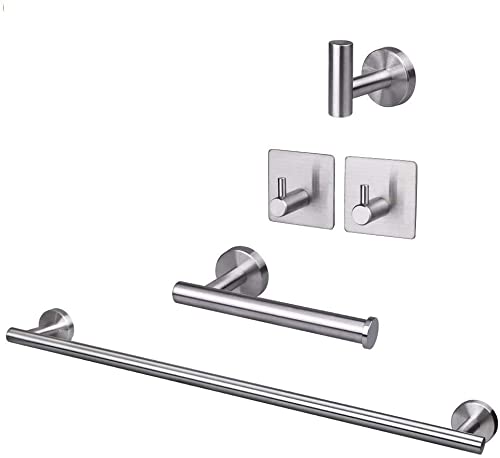 TocTen 5 PCS Bathroom Hardware Set SUS304 Stainless Steel-Towel Rack Set Include Lengthen Hand Towel Bar+Toilet Paper Holder+3 Robe Towel Hooks Bathroom Accessories Towel Bar Set (Brushed Nickel,16IN)