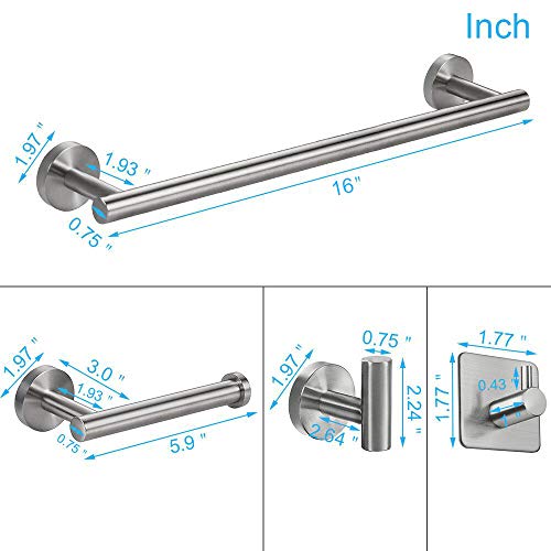 TocTen 5 PCS Bathroom Hardware Set SUS304 Stainless Steel-Towel Rack Set Include Lengthen Hand Towel Bar+Toilet Paper Holder+3 Robe Towel Hooks Bathroom Accessories Towel Bar Set (Brushed Nickel,16IN)