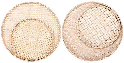 100% Handwoven Flat Wicker Round Fruit Basket Woven Food Storage Weaved Shallow Tray Organizer Holder Bowl Decorative Rack Display Kids DIY Drawing Board (Sqaure Hollow-Bamboo White, 22cm/8.7")