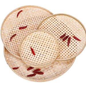 100% Handwoven Flat Wicker Round Fruit Basket Woven Food Storage Weaved Shallow Tray Organizer Holder Bowl Decorative Rack Display Kids DIY Drawing Board (Sqaure Hollow-Bamboo White, 22cm/8.7")