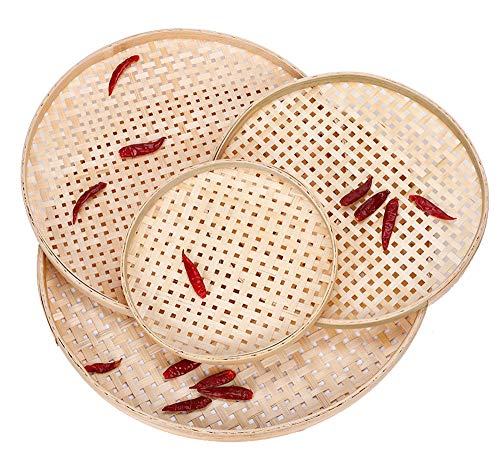 100% Handwoven Flat Wicker Round Fruit Basket Woven Food Storage Weaved Shallow Tray Organizer Holder Bowl Decorative Rack Display Kids DIY Drawing Board (Sqaure Hollow-Bamboo White, 22cm/8.7")