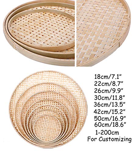 100% Handwoven Flat Wicker Round Fruit Basket Woven Food Storage Weaved Shallow Tray Organizer Holder Bowl Decorative Rack Display Kids DIY Drawing Board (Sqaure Hollow-Bamboo White, 22cm/8.7")