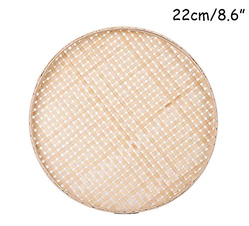 100% Handwoven Flat Wicker Round Fruit Basket Woven Food Storage Weaved Shallow Tray Organizer Holder Bowl Decorative Rack Display Kids DIY Drawing Board (Sqaure Hollow-Bamboo White, 22cm/8.7")