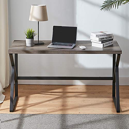 HSH Rustic Grey Computer Desk, Metal and Wood Home Office Desk, Industrial Modern Vintage Work Study Writing Table for Livingroom Bedroom, Farmhouse Oak PC Desk, Wooden Computer Table, Gray 47 Inch