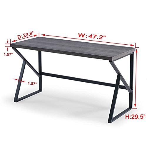 HSH Rustic Grey Computer Desk, Metal and Wood Home Office Desk, Industrial Modern Vintage Work Study Writing Table for Livingroom Bedroom, Farmhouse Oak PC Desk, Wooden Computer Table, Gray 47 Inch