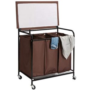 HollyHOME Laundry Cart 3-Bag Heavy-Duty Rolling with Ironing Board Laundry Room Organizer with Wheels Brown