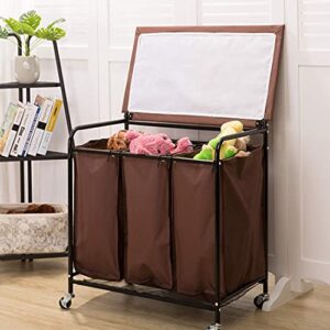 HollyHOME Laundry Cart 3-Bag Heavy-Duty Rolling with Ironing Board Laundry Room Organizer with Wheels Brown