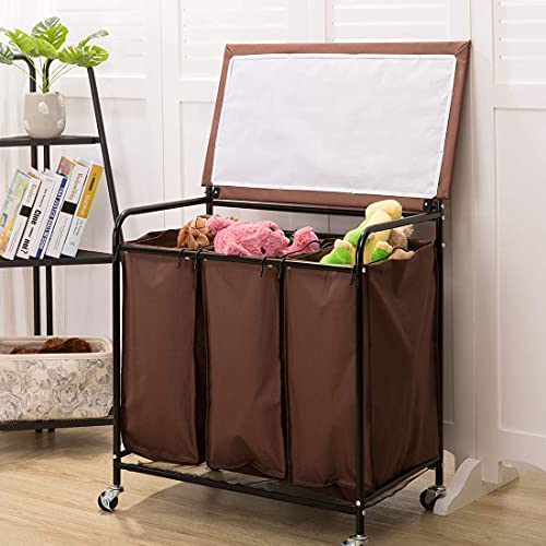 HollyHOME Laundry Cart 3-Bag Heavy-Duty Rolling with Ironing Board Laundry Room Organizer with Wheels Brown