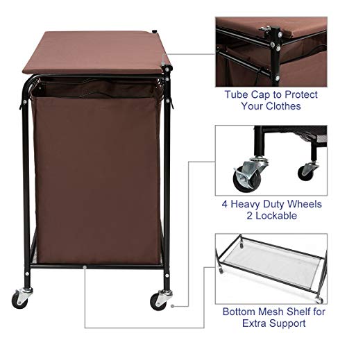 HollyHOME Laundry Cart 3-Bag Heavy-Duty Rolling with Ironing Board Laundry Room Organizer with Wheels Brown