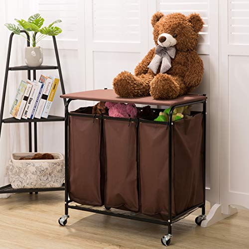 HollyHOME Laundry Cart 3-Bag Heavy-Duty Rolling with Ironing Board Laundry Room Organizer with Wheels Brown