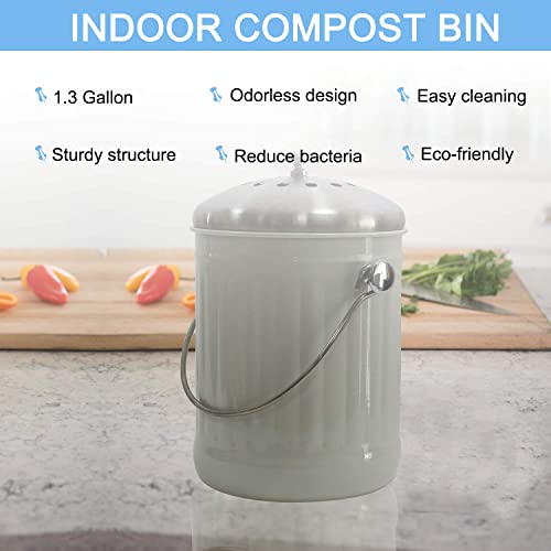 4W Kitchen Compost Bin with 4 Charcoal Filters - 1.3 Gallon Indoor Compost Bin for Kitchen Counter for Food Waste Odor Free (White)