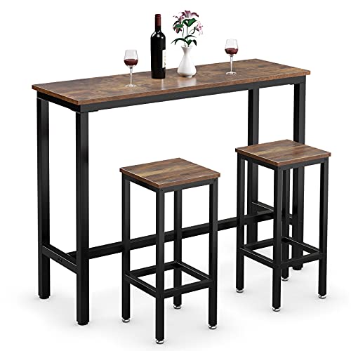 COSTWAY 3-Piece Bar Table Set, 39.5” Bar Table with 2PC 28” Bar Stools, Pub Height Dinning Table Set with Counter Height Backless Stools, Breakfast Table Set for Apartment/Bistro/Pub (Rustic Brown)