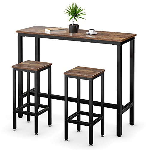 COSTWAY 3-Piece Bar Table Set, 39.5” Bar Table with 2PC 28” Bar Stools, Pub Height Dinning Table Set with Counter Height Backless Stools, Breakfast Table Set for Apartment/Bistro/Pub (Rustic Brown)