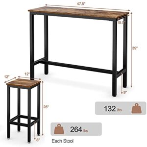 COSTWAY 3-Piece Bar Table Set, 39.5” Bar Table with 2PC 28” Bar Stools, Pub Height Dinning Table Set with Counter Height Backless Stools, Breakfast Table Set for Apartment/Bistro/Pub (Rustic Brown)