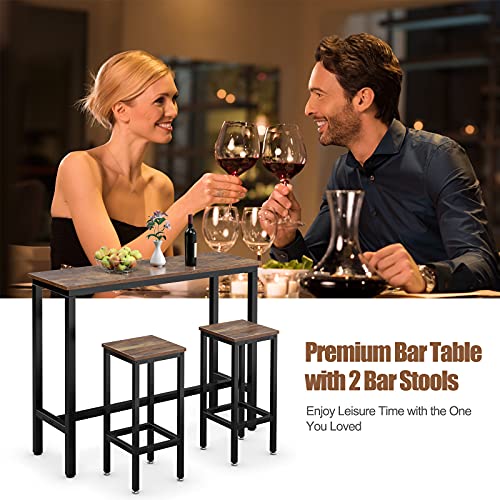 COSTWAY 3-Piece Bar Table Set, 39.5” Bar Table with 2PC 28” Bar Stools, Pub Height Dinning Table Set with Counter Height Backless Stools, Breakfast Table Set for Apartment/Bistro/Pub (Rustic Brown)