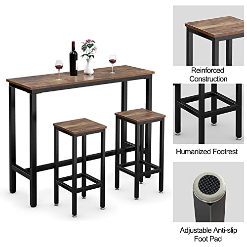 COSTWAY 3-Piece Bar Table Set, 39.5” Bar Table with 2PC 28” Bar Stools, Pub Height Dinning Table Set with Counter Height Backless Stools, Breakfast Table Set for Apartment/Bistro/Pub (Rustic Brown)