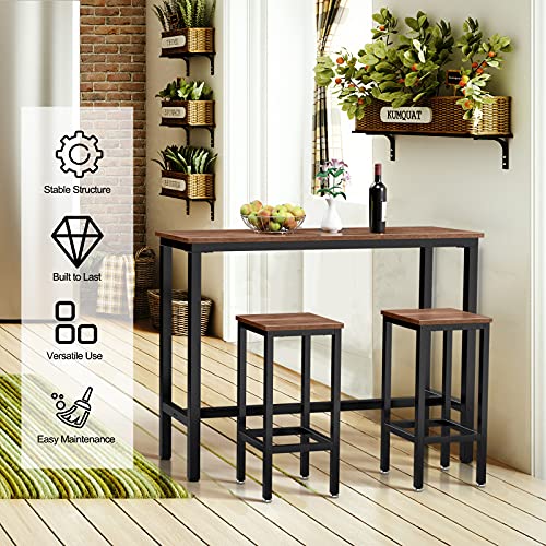 COSTWAY 3-Piece Bar Table Set, 39.5” Bar Table with 2PC 28” Bar Stools, Pub Height Dinning Table Set with Counter Height Backless Stools, Breakfast Table Set for Apartment/Bistro/Pub (Rustic Brown)