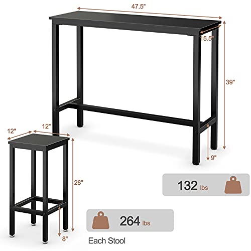 COSTWAY 3-Piece Bar Table Set, 39.5” Bar Table with 2PC 28” Bar Stools, Pub Height Dinning Table Set with Counter Height Backless Stools, Breakfast Table Set for Apartment/Bistro/Pub (Black)