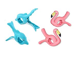 c&h solutions 2 pack set pair of beach towel clips(dolphin & flamingo style) jumbo size for beach chair, cruise beach patio, pool accessories for chairs, household clip, baby stroller.