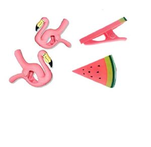 c&h solutions 2 pack set pair of beach towel clips(flamingo & watermelon style) jumbo size for beach chair, cruise beach patio, pool accessories for chairs, household clip, baby stroller.