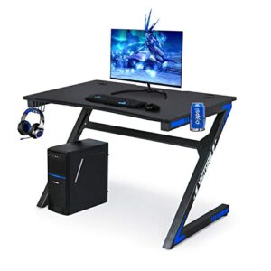 yigobuy gaming computer desk 46 inch large gaming table z shape black racing table student desk with& headphone hook for kids adults home office bedroom computer workstation