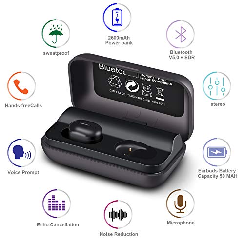 WGGE T1-Pro Bluetooth 5.0+EDR Wireless Earbuds Sweat-Proof TWS Stereo Headphones in Ear Built in Mic Headset Premium Sound with Deep Bass and Fast Connect