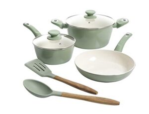 gibson home plaze café' forged aluminum non-stick ceramic cookware with induction base and soft touch bakelite handle, 7-piece set, mint green