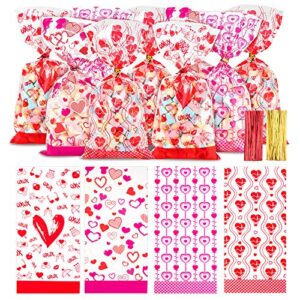 whaline 150 pieces valentine cellophane treat bags heart prints 4 style clear cello candy bags with 150pcs twist ties mixed heart plastic goody gift bags for valentines wedding party supplies