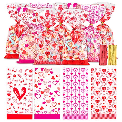 Whaline 150 Pieces Valentine Cellophane Treat Bags Heart Prints 4 Style Clear Cello Candy Bags with 150Pcs Twist Ties Mixed Heart Plastic Goody Gift Bags for Valentines Wedding Party Supplies