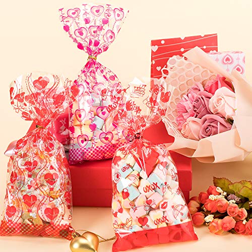 Whaline 150 Pieces Valentine Cellophane Treat Bags Heart Prints 4 Style Clear Cello Candy Bags with 150Pcs Twist Ties Mixed Heart Plastic Goody Gift Bags for Valentines Wedding Party Supplies