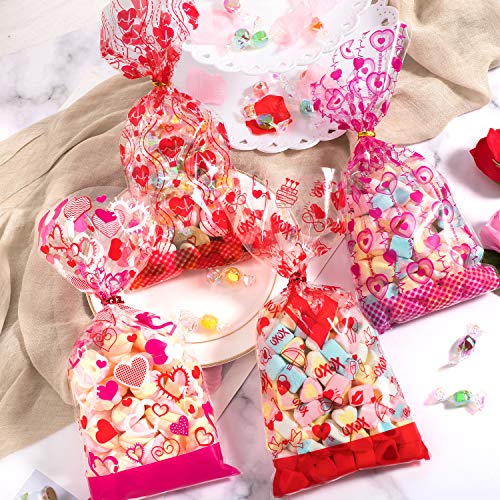 Whaline 150 Pieces Valentine Cellophane Treat Bags Heart Prints 4 Style Clear Cello Candy Bags with 150Pcs Twist Ties Mixed Heart Plastic Goody Gift Bags for Valentines Wedding Party Supplies