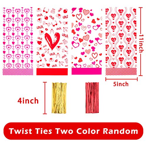 Whaline 150 Pieces Valentine Cellophane Treat Bags Heart Prints 4 Style Clear Cello Candy Bags with 150Pcs Twist Ties Mixed Heart Plastic Goody Gift Bags for Valentines Wedding Party Supplies