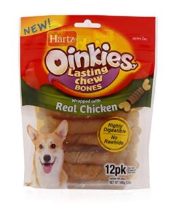 hartz oinkies rawhide-free chicken-wrapped lasting chew bone dog treats, 12 count, highly digestible, no artificial flavors or colors