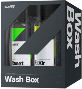 carpro wash box - 5 products including: elixir, reset, microfiber wash mitt, dhydrate drying towel & 2 face no lint towel - everything to wash your car all season long, 16 treatments