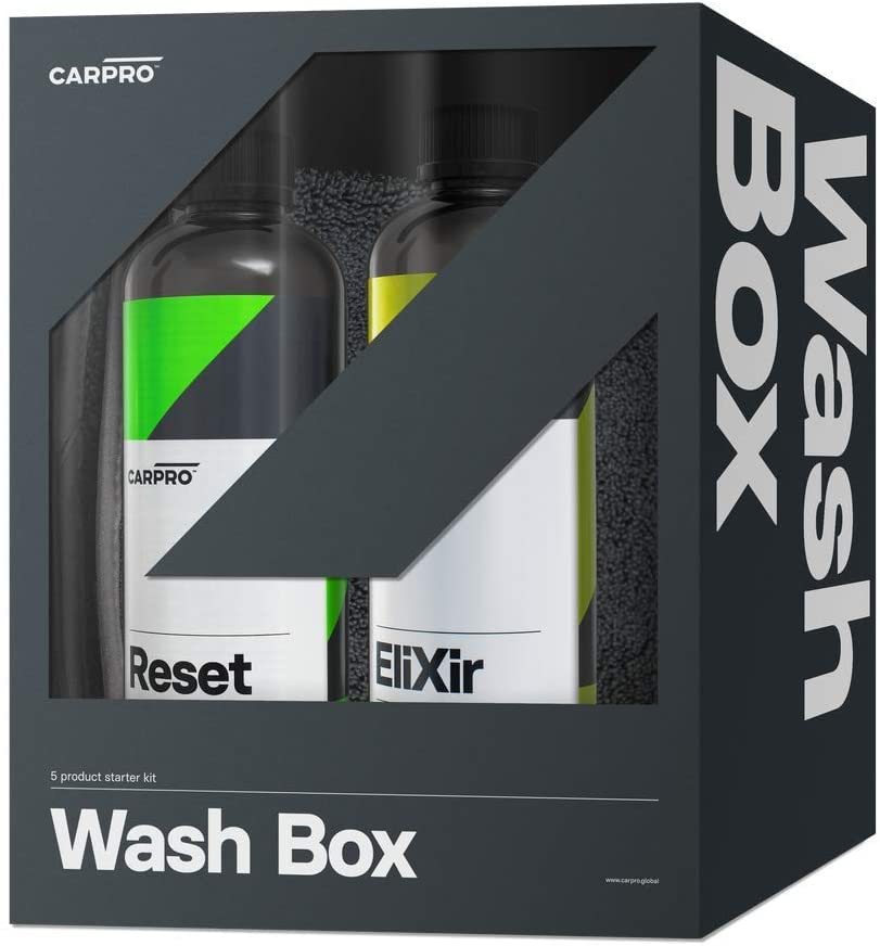 CARPRO Wash Box - 5 Products Including: Elixir, Reset, Microfiber Wash Mitt, DHydrate Drying Towel & 2 Face No Lint Towel - Everything to Wash Your Car All Season Long, 16 Treatments