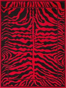 modern animal print skin red & black area rug zebra bordered african carpet (5’ 3” x 7’ 5”)