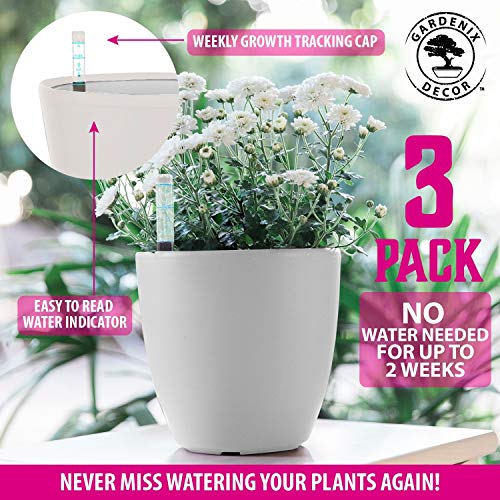 GARDENIX DECOR 7'' Self Watering planters for Indoor Plants - Flower Pot with Water Level Indicator for Plants, Grow Tracking Tool - Self Watering Planter Plant Pot - Coco Coir - White 3 Pack