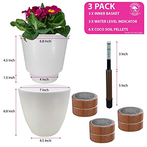 GARDENIX DECOR 7'' Self Watering planters for Indoor Plants - Flower Pot with Water Level Indicator for Plants, Grow Tracking Tool - Self Watering Planter Plant Pot - Coco Coir - White 3 Pack