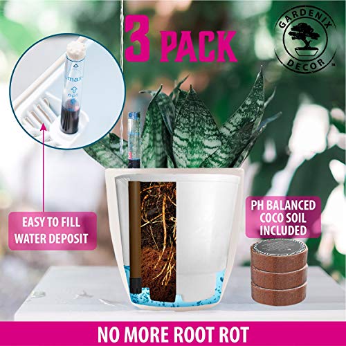 GARDENIX DECOR 7'' Self Watering planters for Indoor Plants - Flower Pot with Water Level Indicator for Plants, Grow Tracking Tool - Self Watering Planter Plant Pot - Coco Coir - White 3 Pack