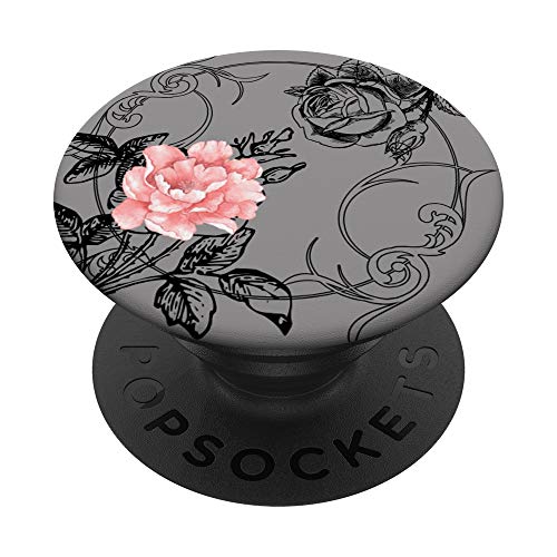 Pink Black Rose Flowers on Gray - Floral Pattern Gothic Gift PopSockets PopGrip: Swappable Grip for Phones & Tablets