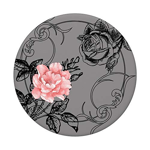 Pink Black Rose Flowers on Gray - Floral Pattern Gothic Gift PopSockets PopGrip: Swappable Grip for Phones & Tablets