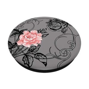 Pink Black Rose Flowers on Gray - Floral Pattern Gothic Gift PopSockets PopGrip: Swappable Grip for Phones & Tablets