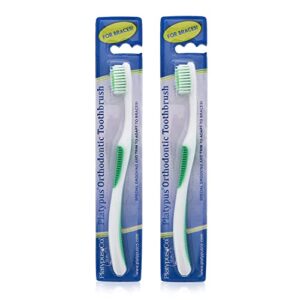 platypus orthodontic toothbrush for braces | soft bristle braces toothbrush for adults & kids | angled bristles for better access around brackets and archwires, comfort silicone grip | 2 count