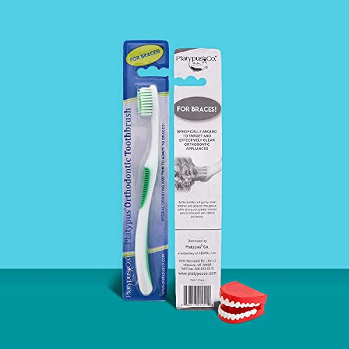 Platypus Orthodontic Toothbrush for Braces | Soft Bristle Braces Toothbrush for Adults & Kids | Angled Bristles for Better Access Around Brackets and Archwires, Comfort Silicone Grip | 2 Count