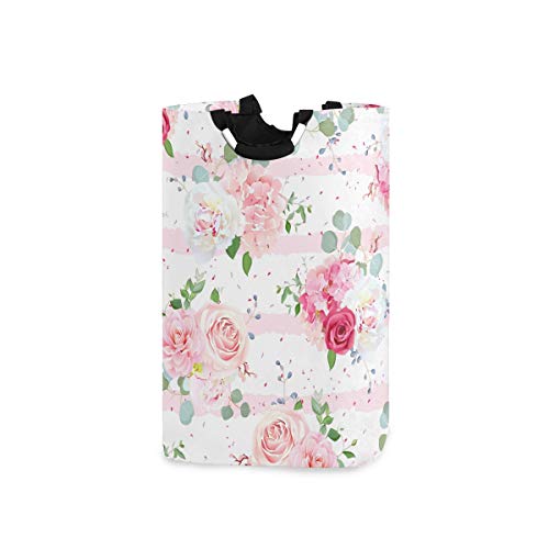 Laundry Basket Pink Rose Flowers Laundry Hamper Portable Foldable Clothes Organizer with Handles Storage Bag for Kids Room Bathroom